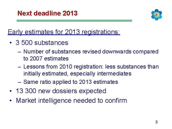 Next deadline 2013 Early estimates for 2013 registrations: • 3 500 substances – Number