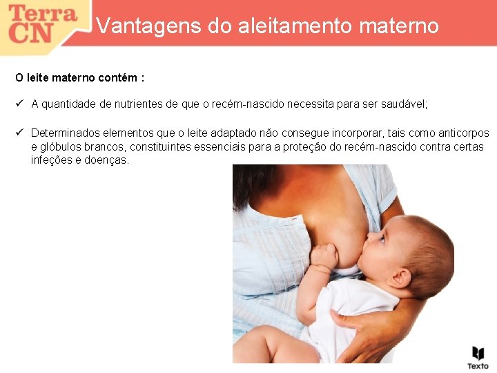 Vantagens do aleitamento materno O leite materno contém : ü A quantidade de nutrientes