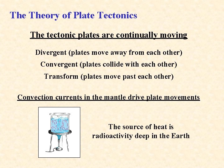 The Theory of Plate Tectonics The tectonic plates are continually moving Divergent (plates move