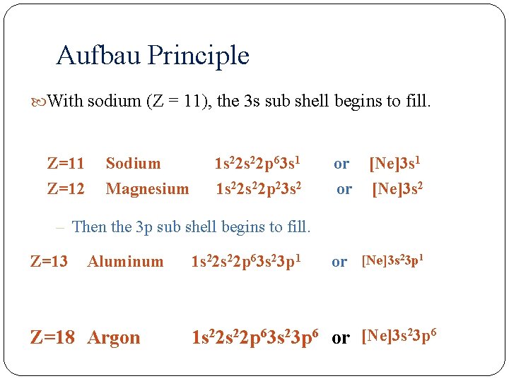 Aufbau Principle With sodium (Z = 11), the 3 s sub shell begins to