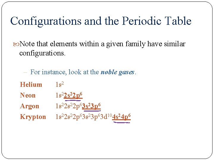 Configurations and the Periodic Table Note that elements within a given family have similar