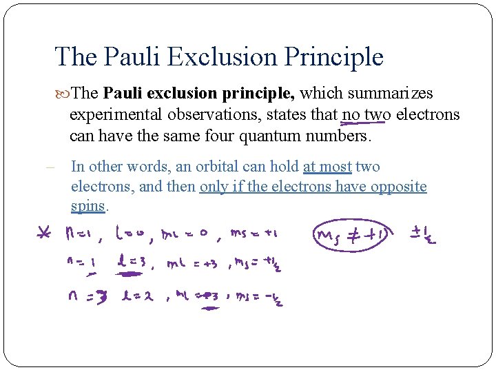 The Pauli Exclusion Principle The Pauli exclusion principle, which summarizes experimental observations, states that