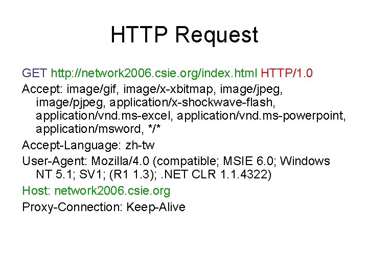 HTTP Request GET http: //network 2006. csie. org/index. html HTTP/1. 0 Accept: image/gif, image/x-xbitmap,