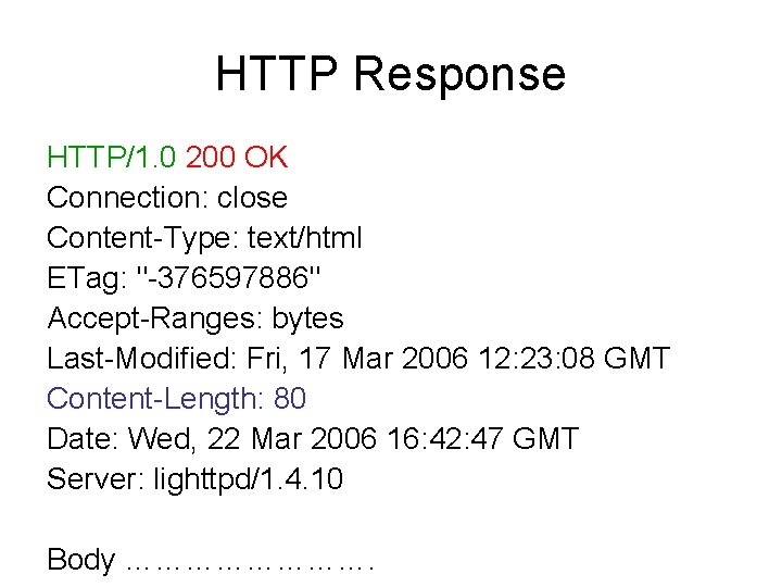 HTTP Response HTTP/1. 0 200 OK Connection: close Content-Type: text/html ETag: "-376597886" Accept-Ranges: bytes