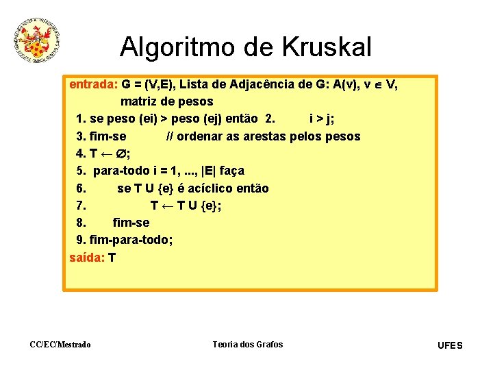 Algoritmo de Kruskal entrada: G = (V, E), Lista de Adjacência de G: A(v),