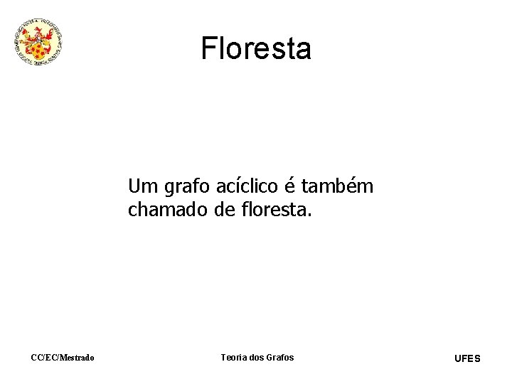 Floresta Um grafo acíclico é também chamado de floresta. CC/EC/Mestrado Teoria dos Grafos UFES
