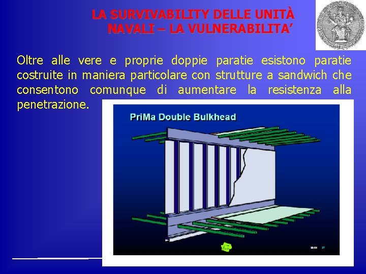 LA SURVIVABILITY DELLE UNITÀ NAVALI – LA VULNERABILITA’ Oltre alle vere e proprie doppie