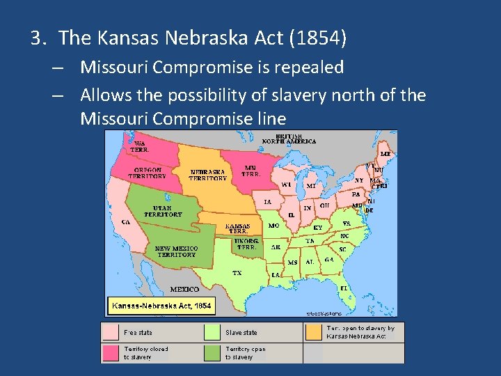 3. The Kansas Nebraska Act (1854) – Missouri Compromise is repealed – Allows the