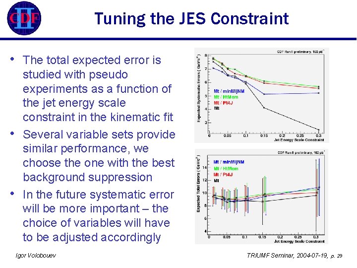 Tuning the JES Constraint • • • The total expected error is studied with