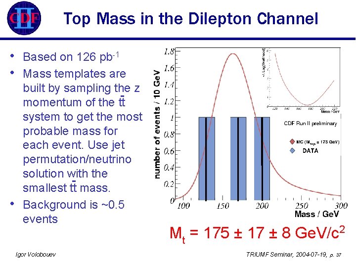 Top Mass in the Dilepton Channel • • • Based on 126 pb-1 Mass