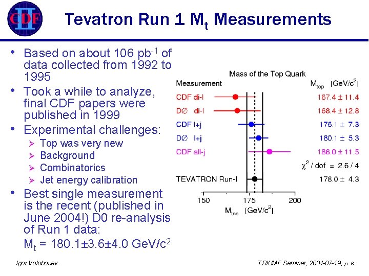 Tevatron Run 1 Mt Measurements • • Based on about 106 pb-1 of data