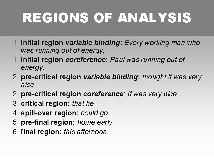 REGIONS OF ANALYSIS 1 initial region variable binding: Every working man who was running