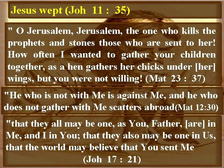 Jesus wept (Joh 11 : 35) " O Jerusalem, the one who kills the