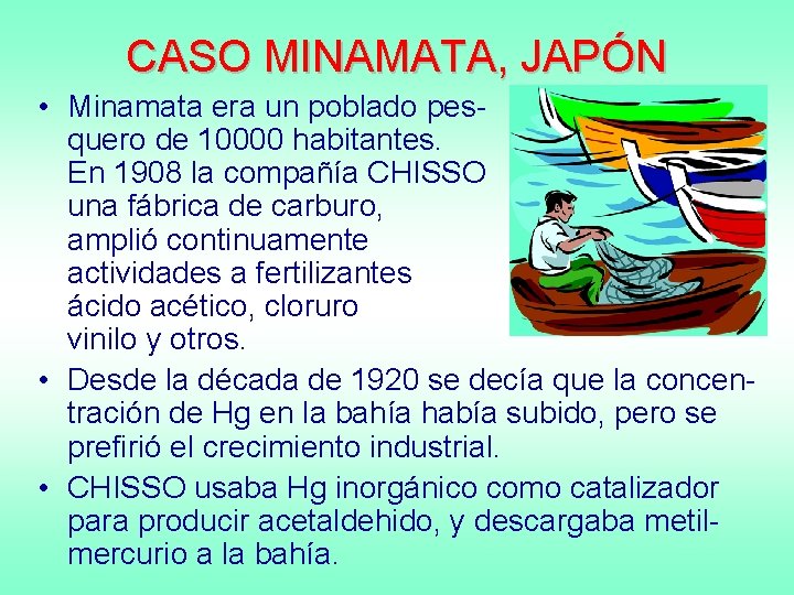 CASO MINAMATA, JAPÓN • Minamata era un poblado pesquero de 10000 habitantes. En 1908