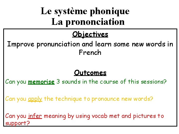 Le système phonique La prononciation Objectives Improve pronunciation and learn some new words in