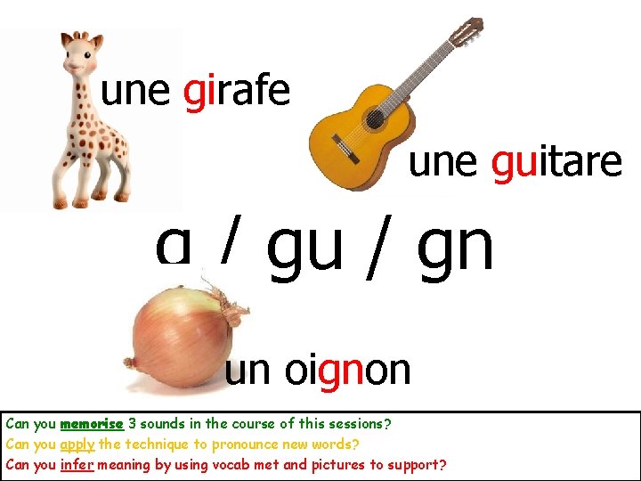 une girafe une guitare g / gu / gn un oignon Can you memorise