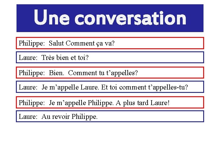 Une conversation Philippe: Salut Comment ça va? Laure: Très bien et toi? Philippe: Bien.