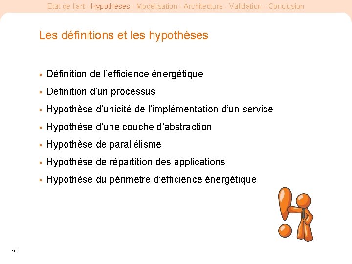 Etat de l’art - Hypothèses - Modélisation - Architecture - Validation - Conclusion Les