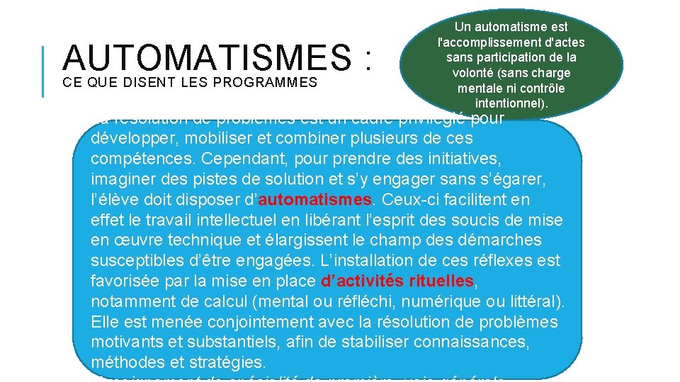 AUTOMATISMES : CE QUE DISENT LES PROGRAMMES Un automatisme est l'accomplissement d'actes sans participation