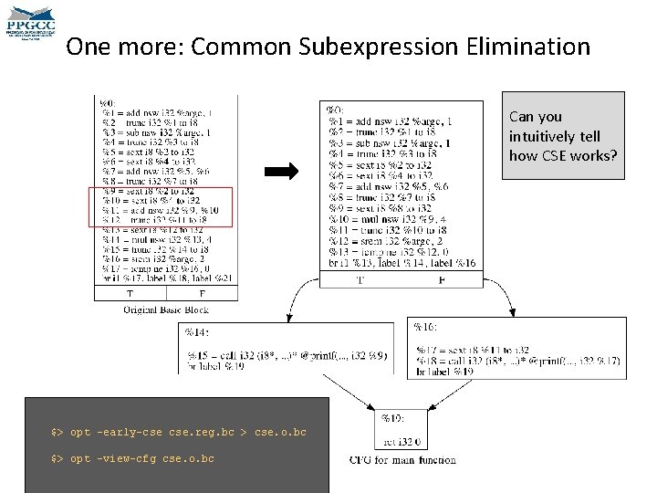 One more: Common Subexpression Elimination Can you intuitively tell how CSE works? $> opt