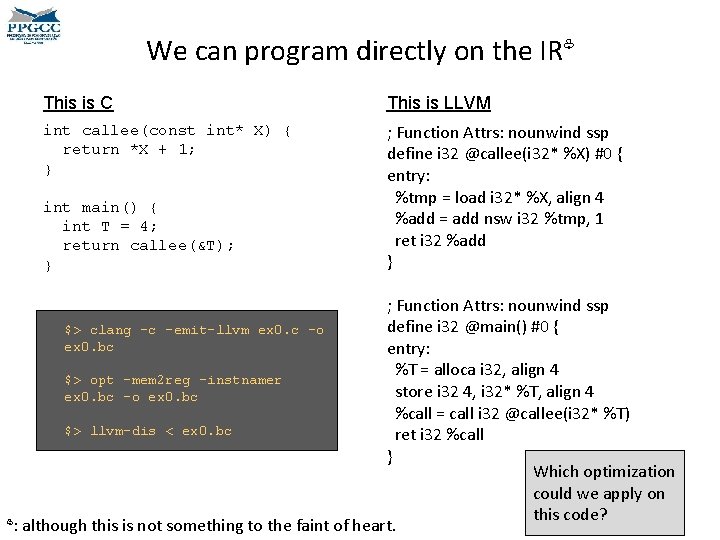 We can program directly on the IR♧ This is C This is LLVM int