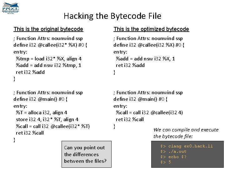 Hacking the Bytecode File This is the original bytecode This is the optimized bytecode