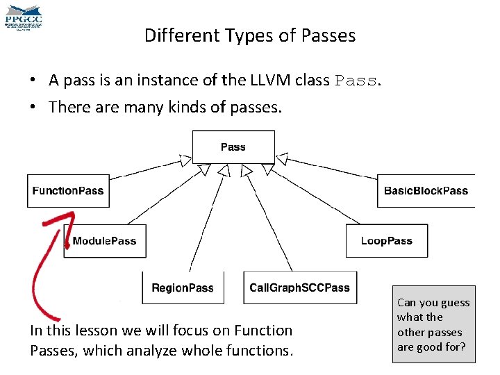 Different Types of Passes • A pass is an instance of the LLVM class