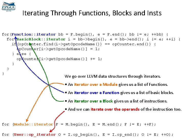 Iterating Through Functions, Blocks and Insts for(Function: : iterator bb = F. begin(), e