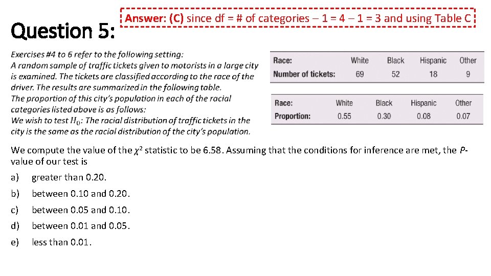 Question 5: Answer: (C) since df = # of categories – 1 = 4