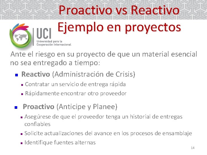 Proactivo vs Reactivo Ejemplo en proyectos Ante el riesgo en su proyecto de que