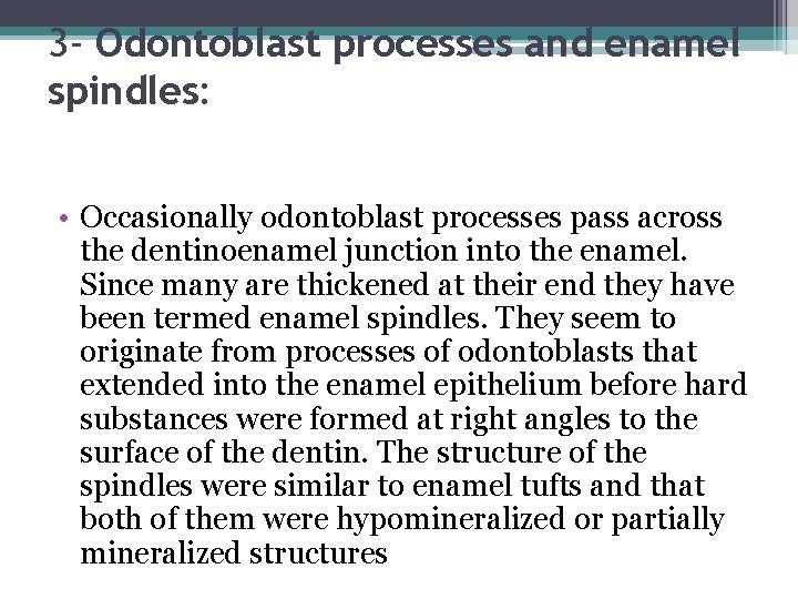 3 - Odontoblast processes and enamel spindles: • Occasionally odontoblast processes pass across the