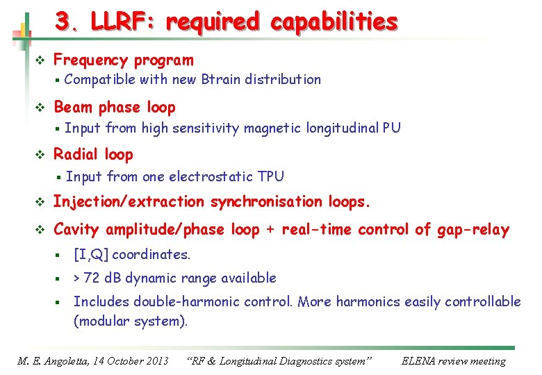 3. LLRF: required capabilities v Frequency program § v Beam phase loop § v