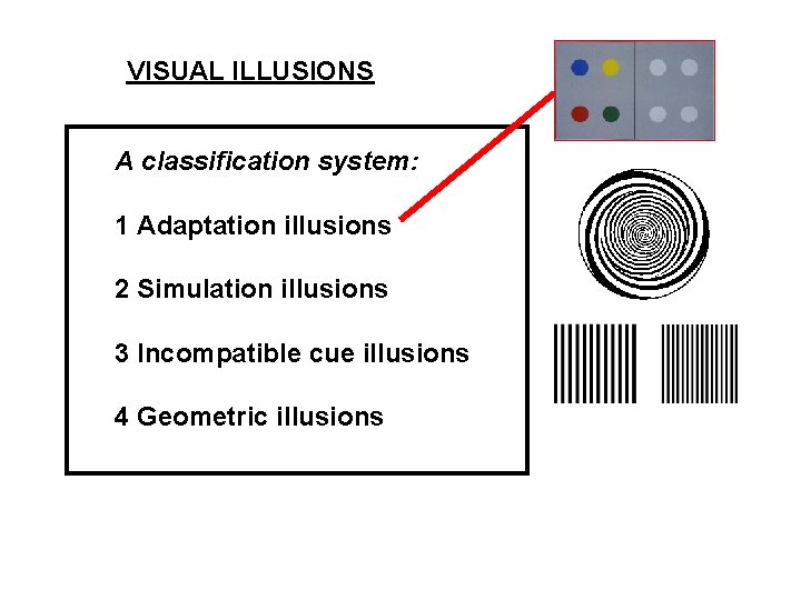 VISUAL ILLUSIONS A classification system: 1 Adaptation illusions 2 Simulation illusions 3 Incompatible cue