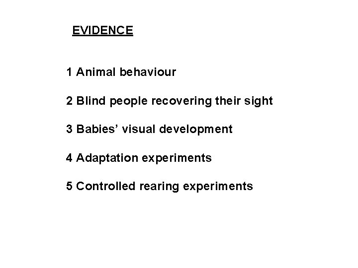 EVIDENCE 1 Animal behaviour 2 Blind people recovering their sight 3 Babies’ visual development