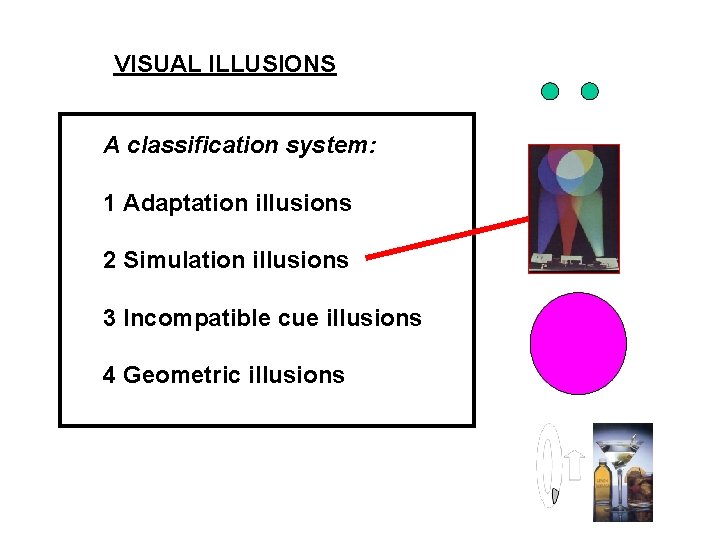 VISUAL ILLUSIONS A classification system: 1 Adaptation illusions 2 Simulation illusions 3 Incompatible cue
