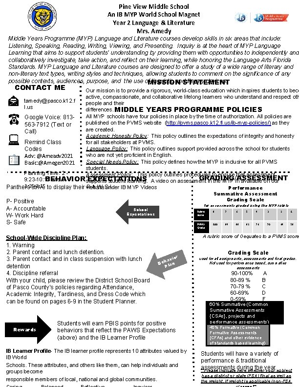 Pine View Middle School An IB MYP World School Magnet Year 2 Language &