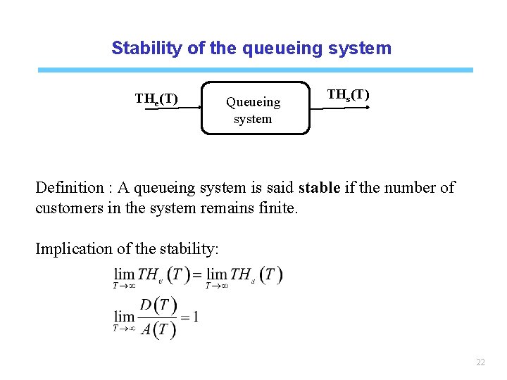 Stability of the queueing system THe(T) Queueing system THs(T) Definition : A queueing system