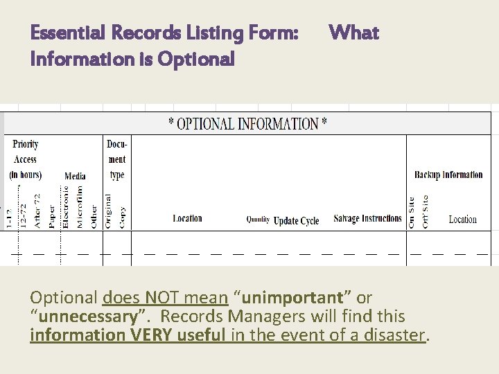 Essential Records Listing Form: Information is Optional What Optional does NOT mean “unimportant” or