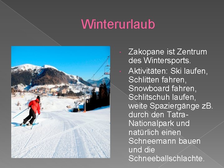 Winterurlaub Zakopane ist Zentrum des Wintersports. Aktivitäten: Ski laufen, Schlitten fahren, Snowboard fahren, Schlitschuh