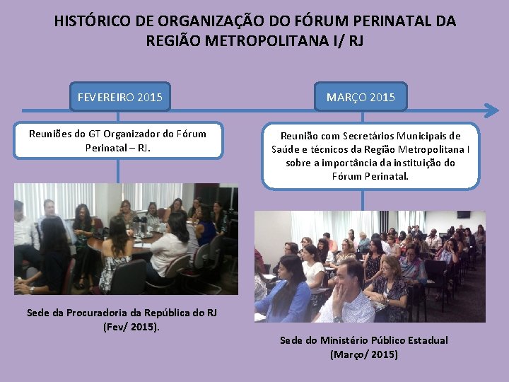 HISTÓRICO DE ORGANIZAÇÃO DO FÓRUM PERINATAL DA REGIÃO METROPOLITANA I/ RJ FEVEREIRO 2015 Reuniões