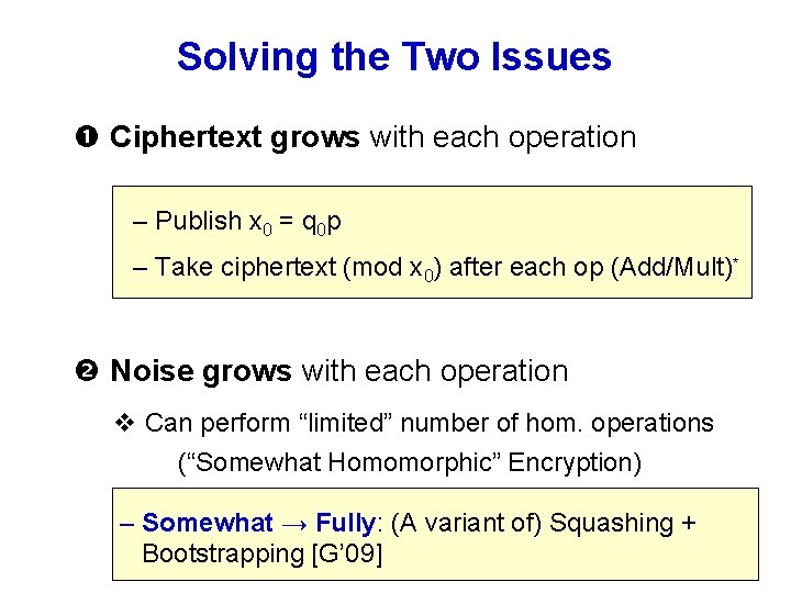 Solving the Two Issues Ciphertext grows with each operation – Publish x 0 =