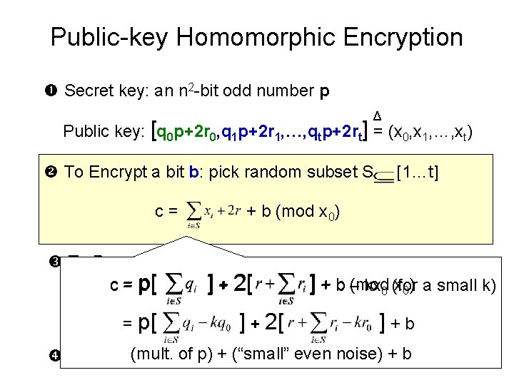 Public-key Homomorphic Encryption Secret key: an n 2 -bit odd number p Δ Public
