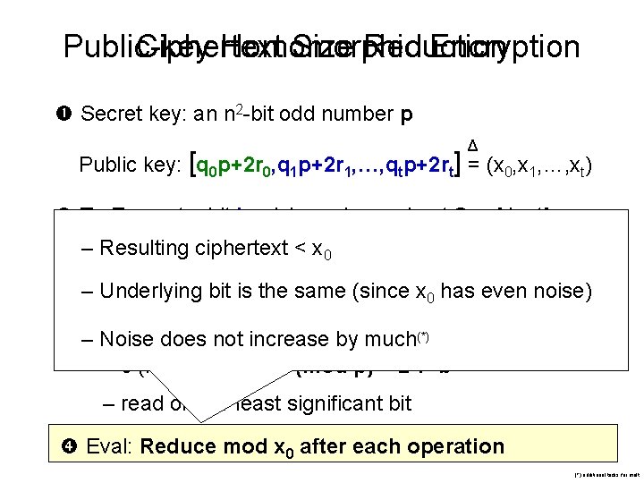 Public-key Ciphertext Homomorphic Size Reduction Encryption Secret key: an n 2 -bit odd number
