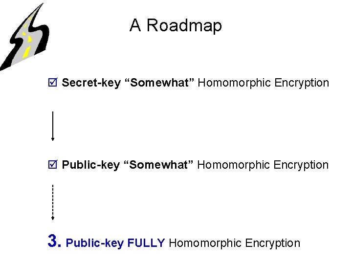 A Roadmap þ Secret-key “Somewhat” Homomorphic Encryption þ Public-key “Somewhat” Homomorphic Encryption 3. Public-key