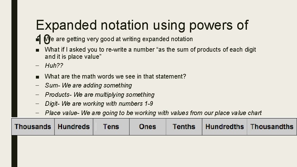Expanded notation using powers of ■ 10 We are getting very good at writing