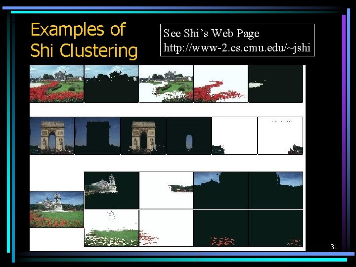 Examples of Shi Clustering See Shi’s Web Page http: //www-2. cs. cmu. edu/~jshi 31