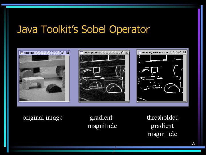 Java Toolkit’s Sobel Operator original image gradient magnitude thresholded gradient magnitude 36 