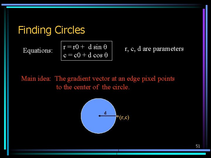 Finding Circles Equations: r = r 0 + d sin c = c 0