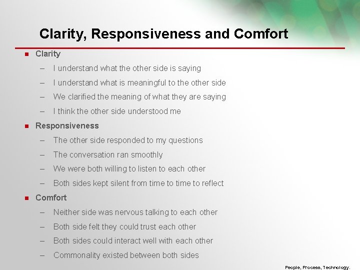 Clarity, Responsiveness and Comfort Clarity – I understand what the other side is saying