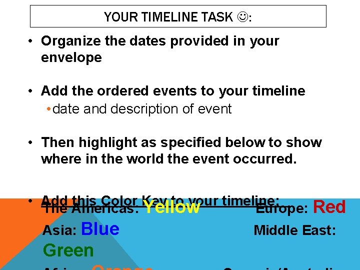 YOUR TIMELINE TASK : • Organize the dates provided in your envelope • Add